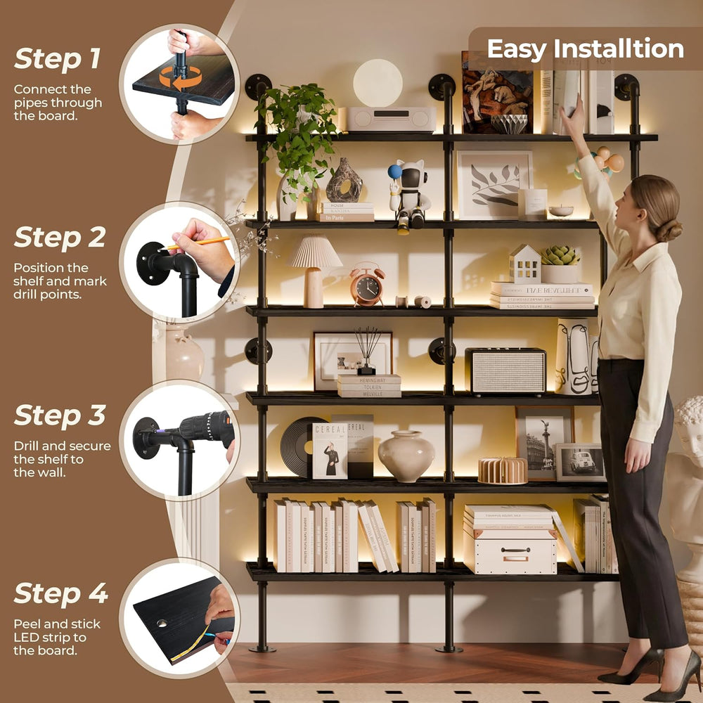 6-Tier LED Ladder Shelf, Wall Mounted Pipe Bookshelf, Black 60 Inch