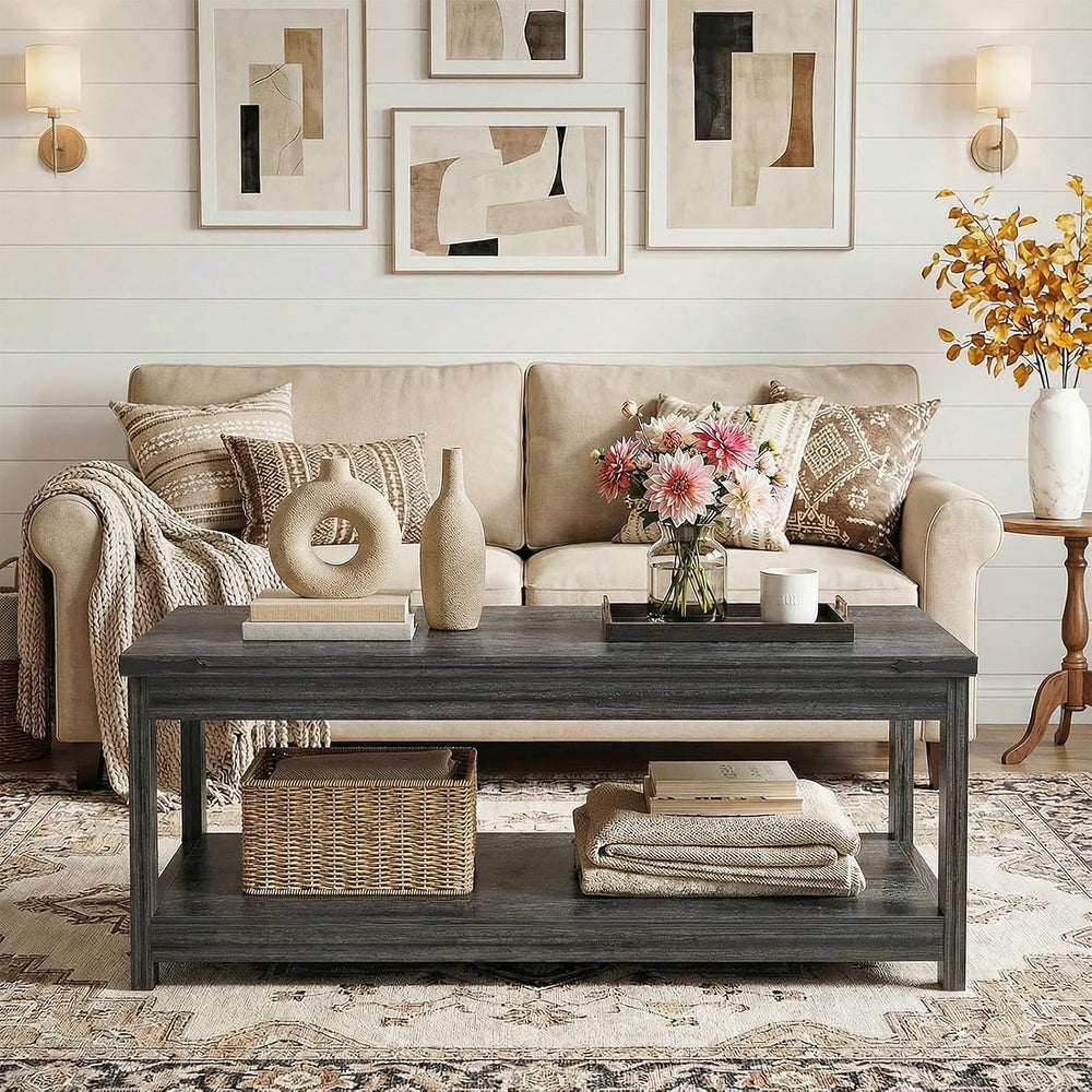 Homieasy 43.3” Farmhouse Coffee Table with Storage Shelf, Rustic Brown