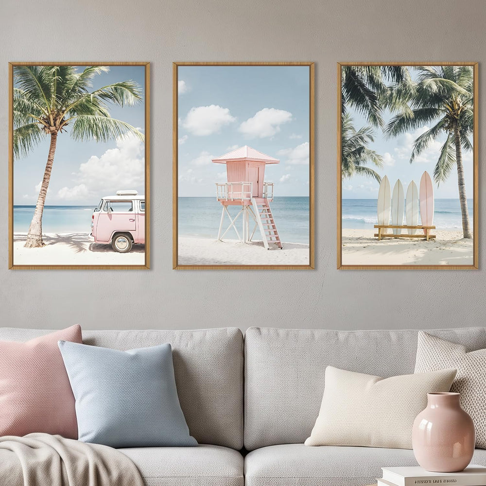 Celestdeco Beach Coastal Seascape Framed Canvas Wall Art Set-16"x24"x3