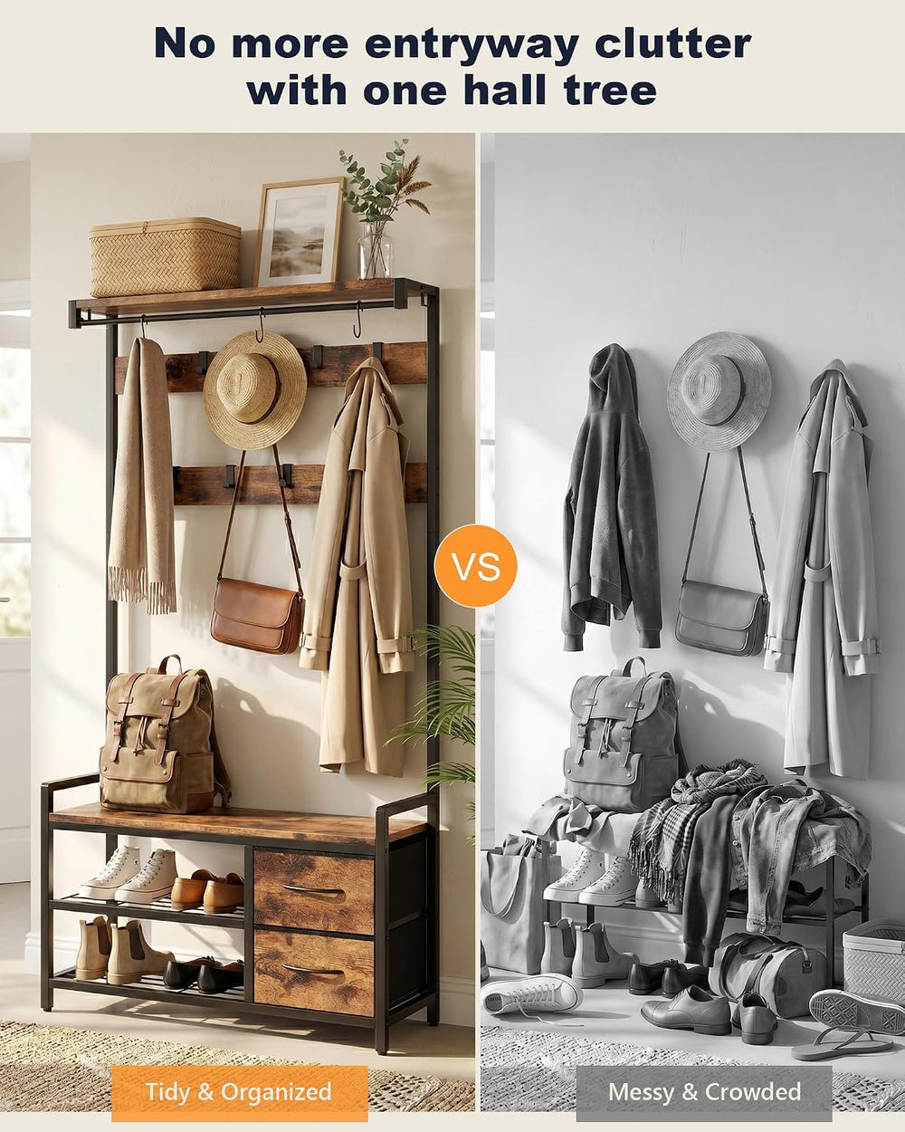 Hall Tree with Bench and Shoe Storage, 34.6" Entryway Coat Rack