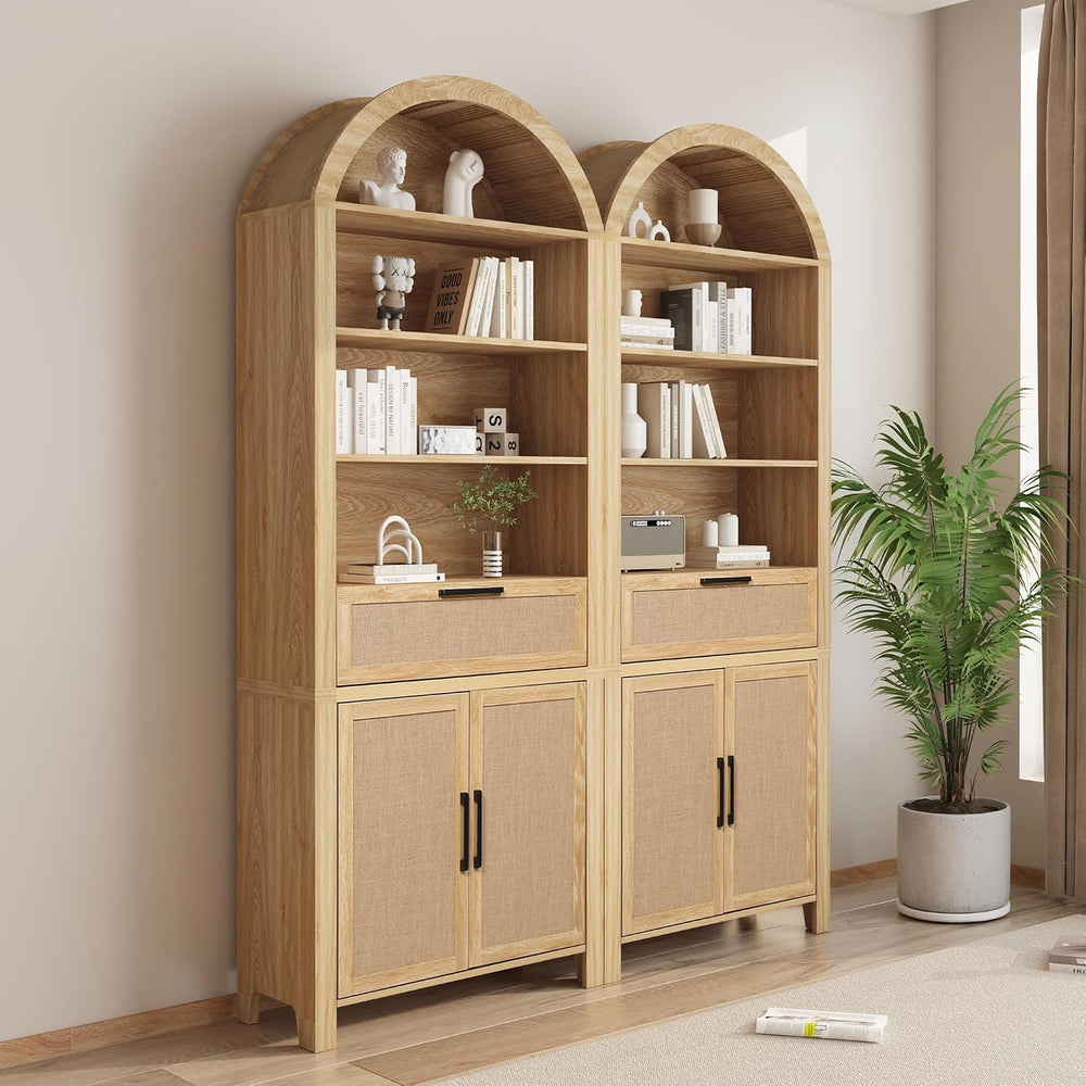 Janmer Home 79" Tall Arched Bookcase Cabinet with Doors, Natural,Rattan