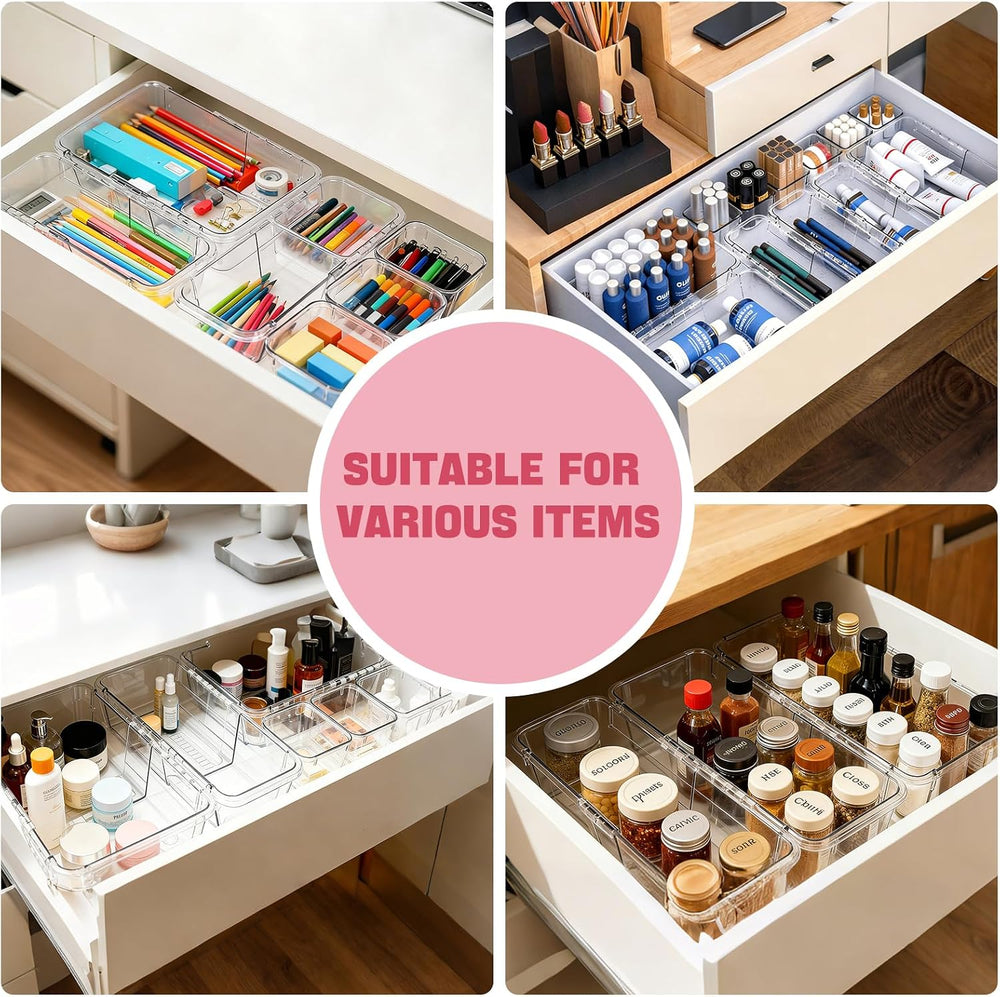 16 PCS Extendable Drawer Organizer Set Clear Stackable Vanity Storage Bins