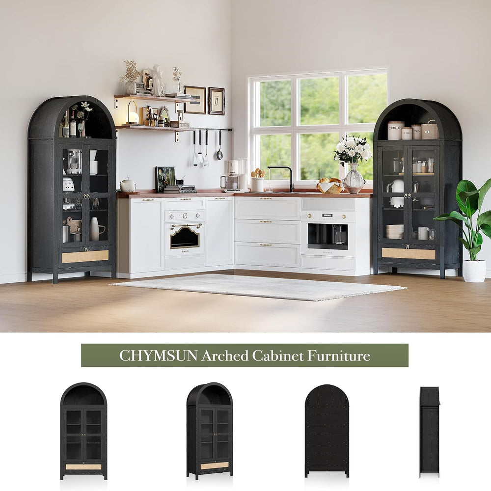 71” Tall Arched Kitchen Pantry Cabinet, Hutch Storage, Black