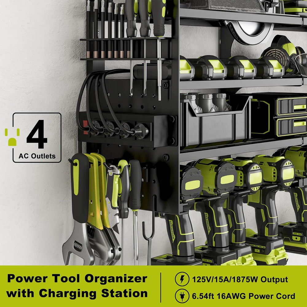Power Tool Organizer Wall Mount, 12-Drill 4-Tier Charging Station, Black