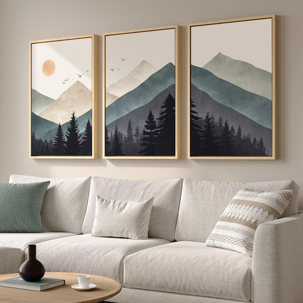 Large Framed Boho Mountain Landscape Wall Art for Living Room, 24x36 Inch