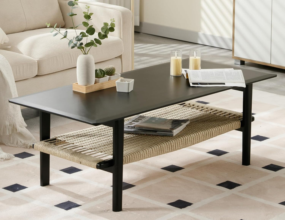 2-Tier Rattan Coffee Table, 47" Rectangle Wood Center Table, Black