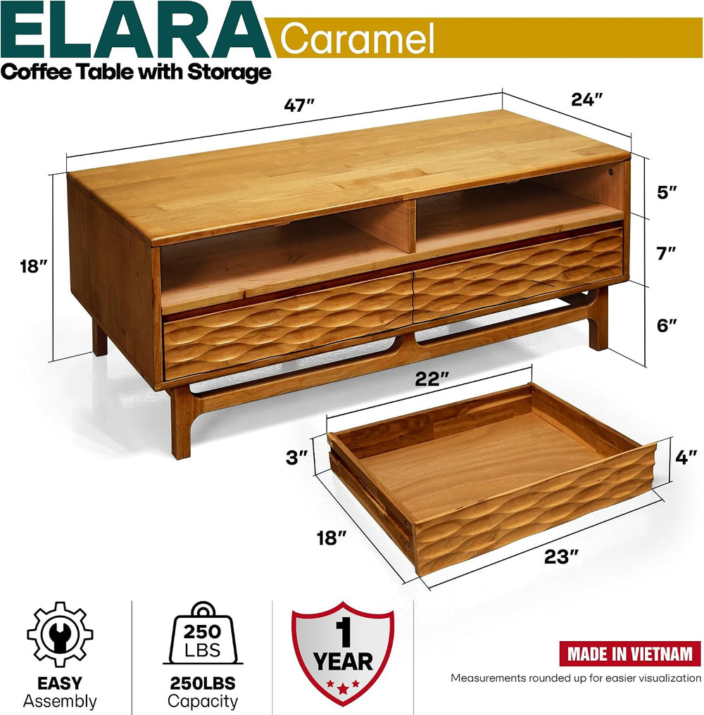 Acacia Elara 47" Wood Coffee Table with Open Shelf & 2 Drawers, Caramel