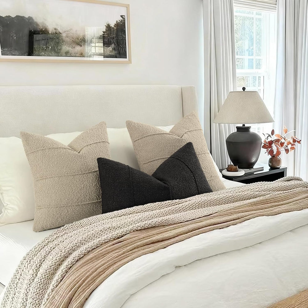 YCOLL Textured Boucle Throw Pillow Covers 22x22 Pack of 2 - Soft Neutral Stri...