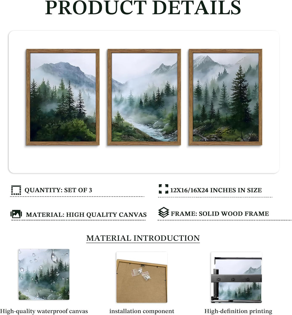 Framed Forest Wall Art Set of 3, Misty Mountain Landscape Canvas Wall Decor P...