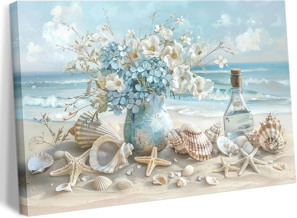 Blue Ocean Beach Bathroom Canvas Wall Art Seaside Seashell Painting Picture W...
