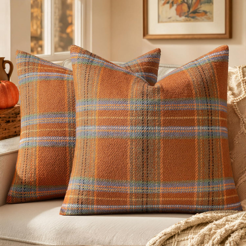 MIULEE Fall Plaid Decorative Pillow Covers Set of 2 16x16 Orange