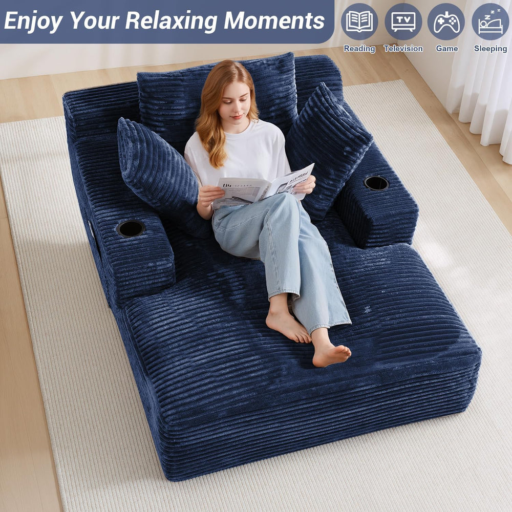 50" x 68" Corduroy Chaise Lounge, Cup Holders, Blue