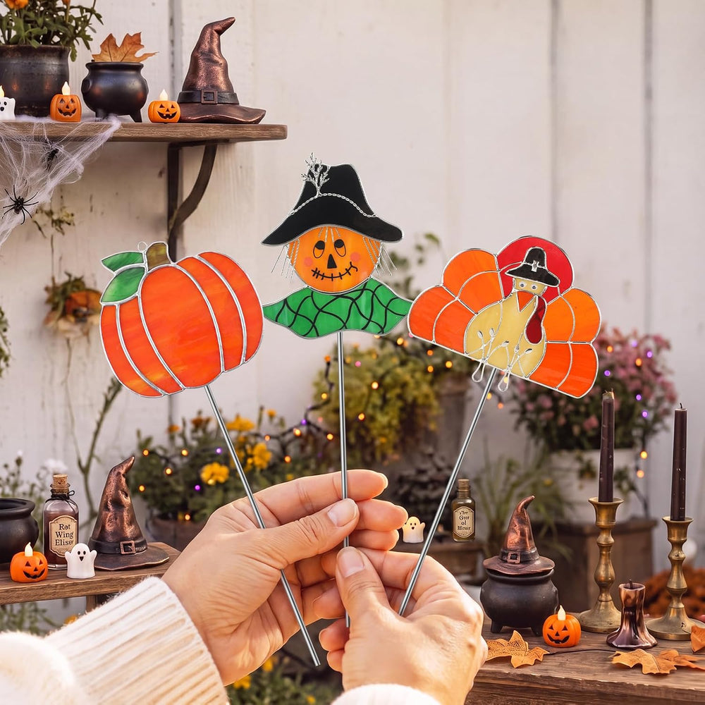 3 Pcs Fall Stained Glass Plant Stakes 9.8" Fall Decor for Pot