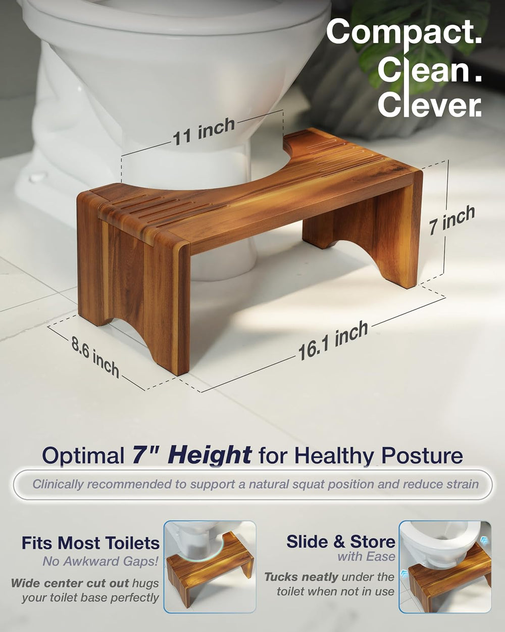 7" Acacia Wood Foldable Toilet Stool, Sturdy Wooden Poop Stool