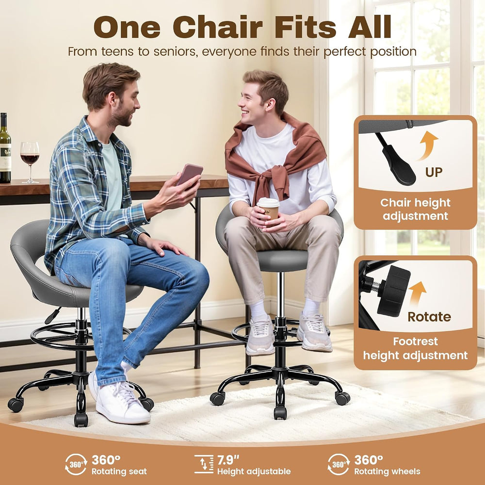BESTFAIR Drafting Chair with Back, Height Adjustable Rolling Stool, Gray