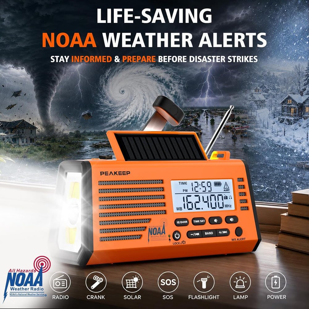 Peakeep Emergency Radio NOAA Weather Alert Battery Solar Crank Powered