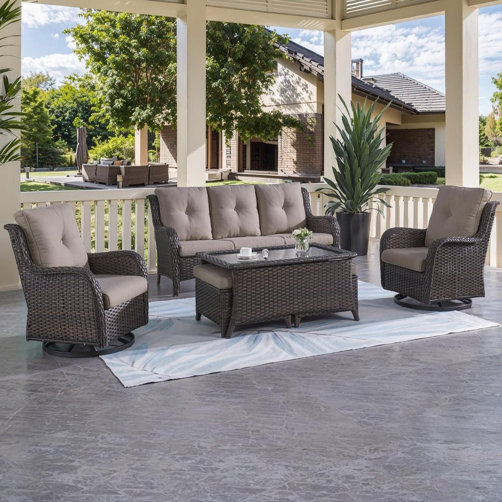 HUMMUH 6 Piece Wicker Patio Conversation Set, Swivel Rockers & Sofa