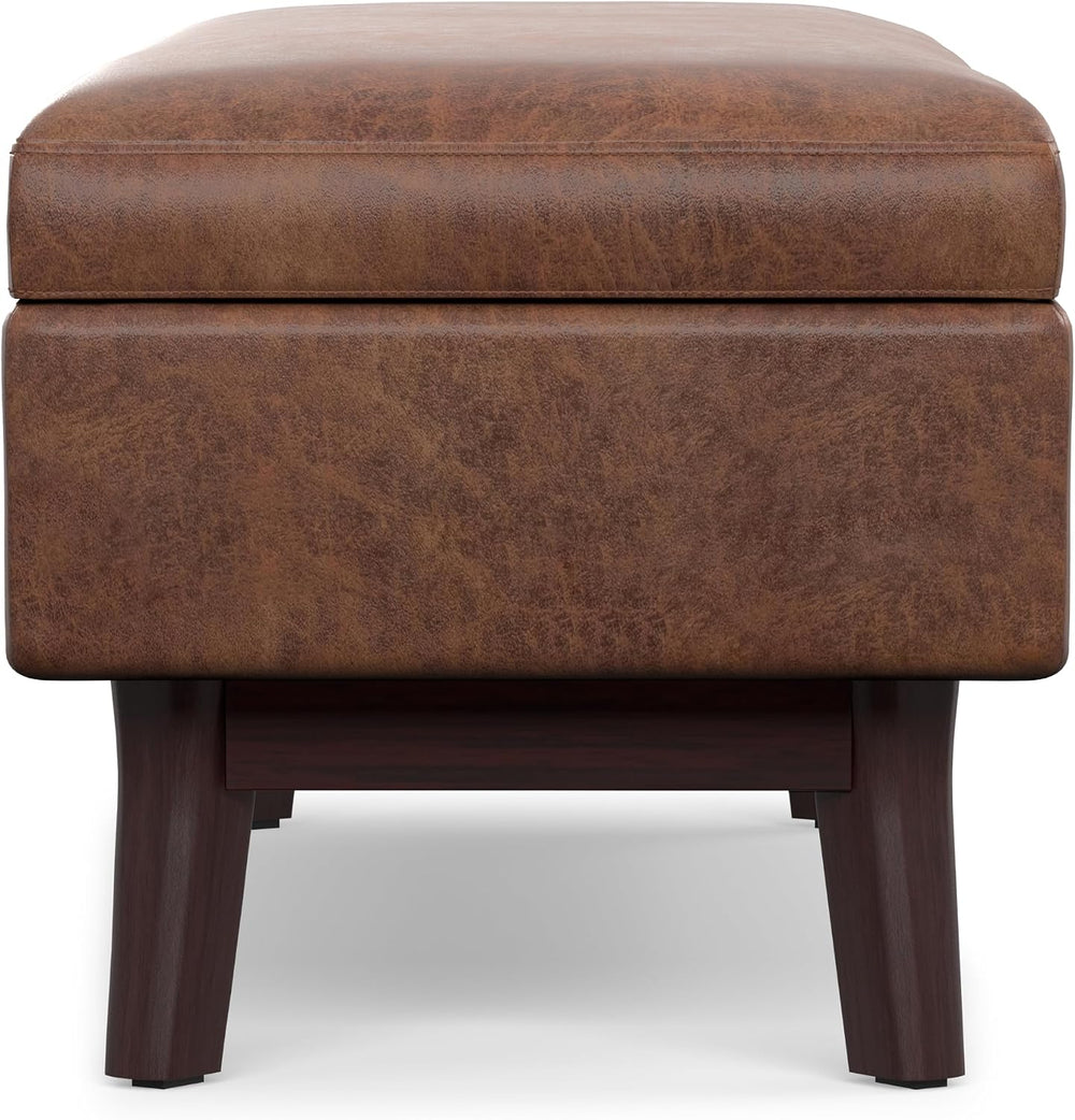 SIMPLIHOME Owen 48" Wide Vegan Leather Lift Top Ottoman in Saddle Brown