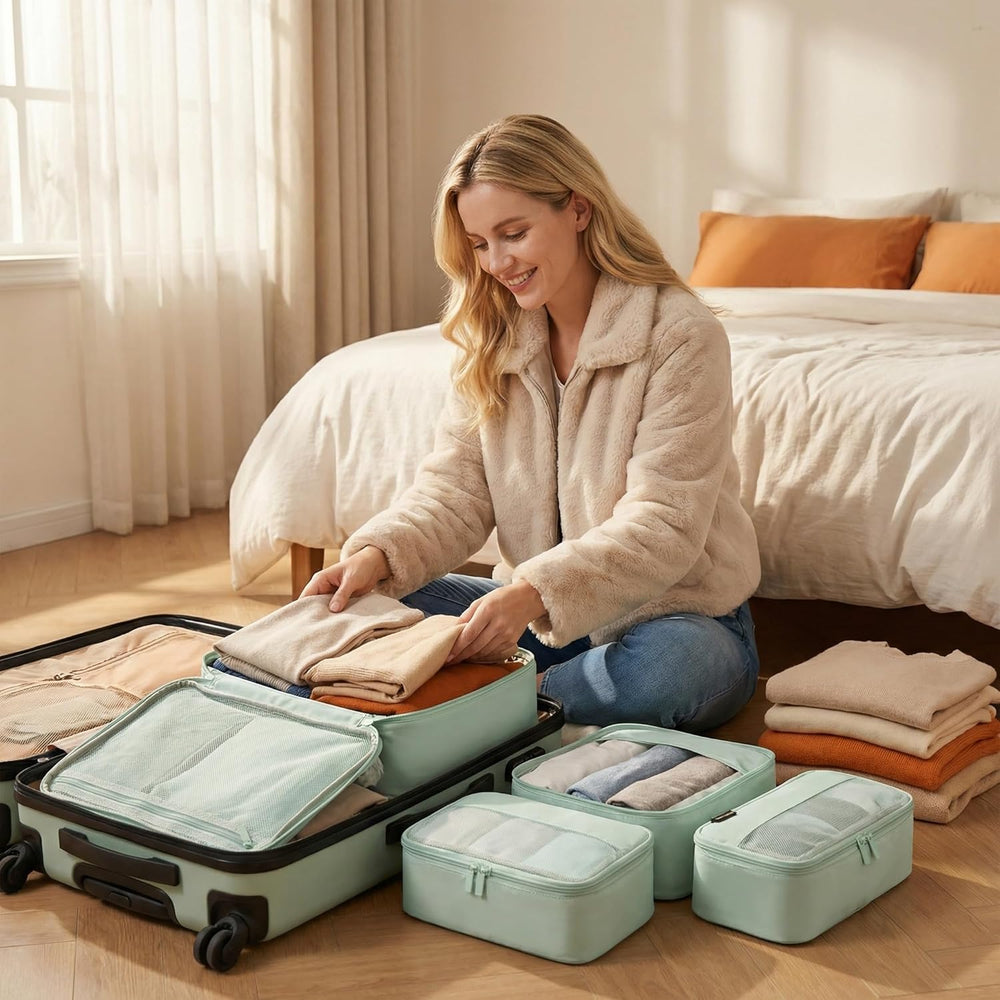 4 Large Compression Packing Cubes for 7–14 Day Travel, Light Green