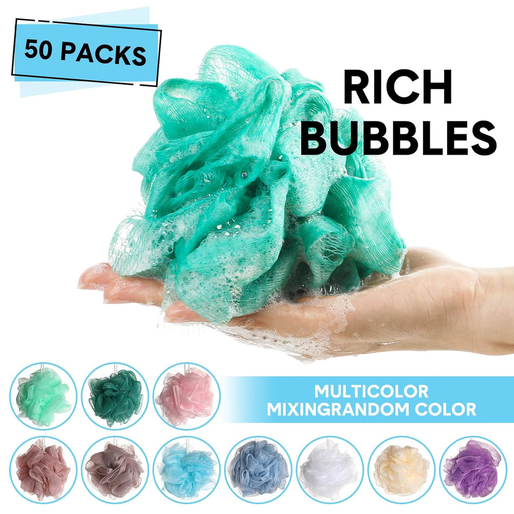 Chengu 50 Pack Loofah Sponge Bulk Shower Mesh Ball, Multicolor, Classic