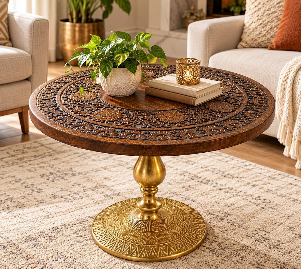 Coffee Table in Solid Wood and Aluminium Base, 24 x 24 x 18", Burnt/Gold