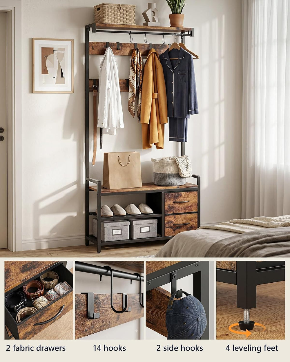 Hall Tree with Bench and Shoe Storage, 34.6" Entryway Coat Rack