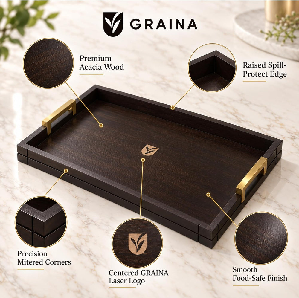 Acacia Wood Tray for Coffee Table, Set of 2 Ottoman Trays with Gold Handles