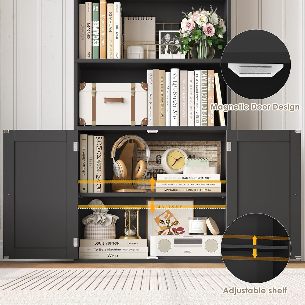 FACBOTALL 82" Tall Bookcase, Farmhouse Bookshelf with Doors, Black