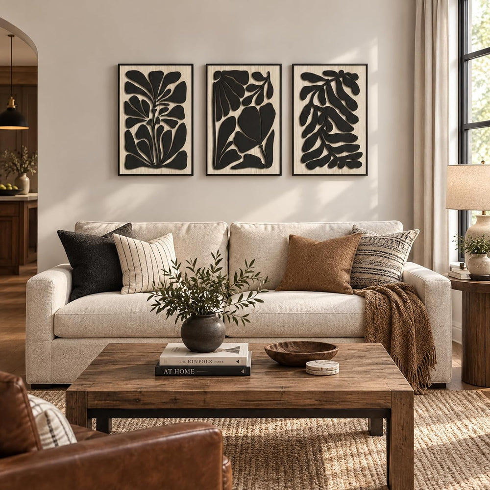 3D Large Solid Wood Wall Art Set of 3, Boho Botanical Wall Decor, 24x48 IN