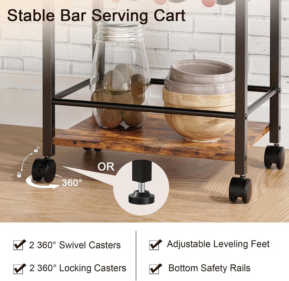 Bar Cart, Home Bar Serving Cart, Mobile Kitchen Carts with Wheels, Small Roll...