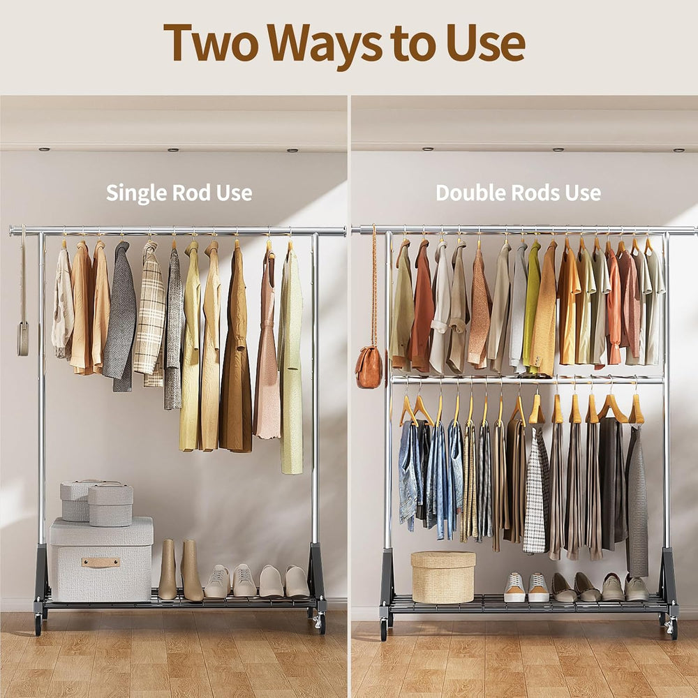 Luxspire Heavy Duty Clothes Rack with Lockable Wheels Load 600 LBS, Silver