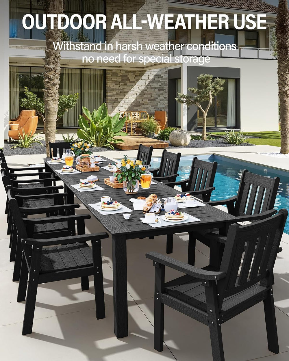YEFU Outdoor Dining Set for 10, All-Weather HIPS, Aluminum Frame, Black