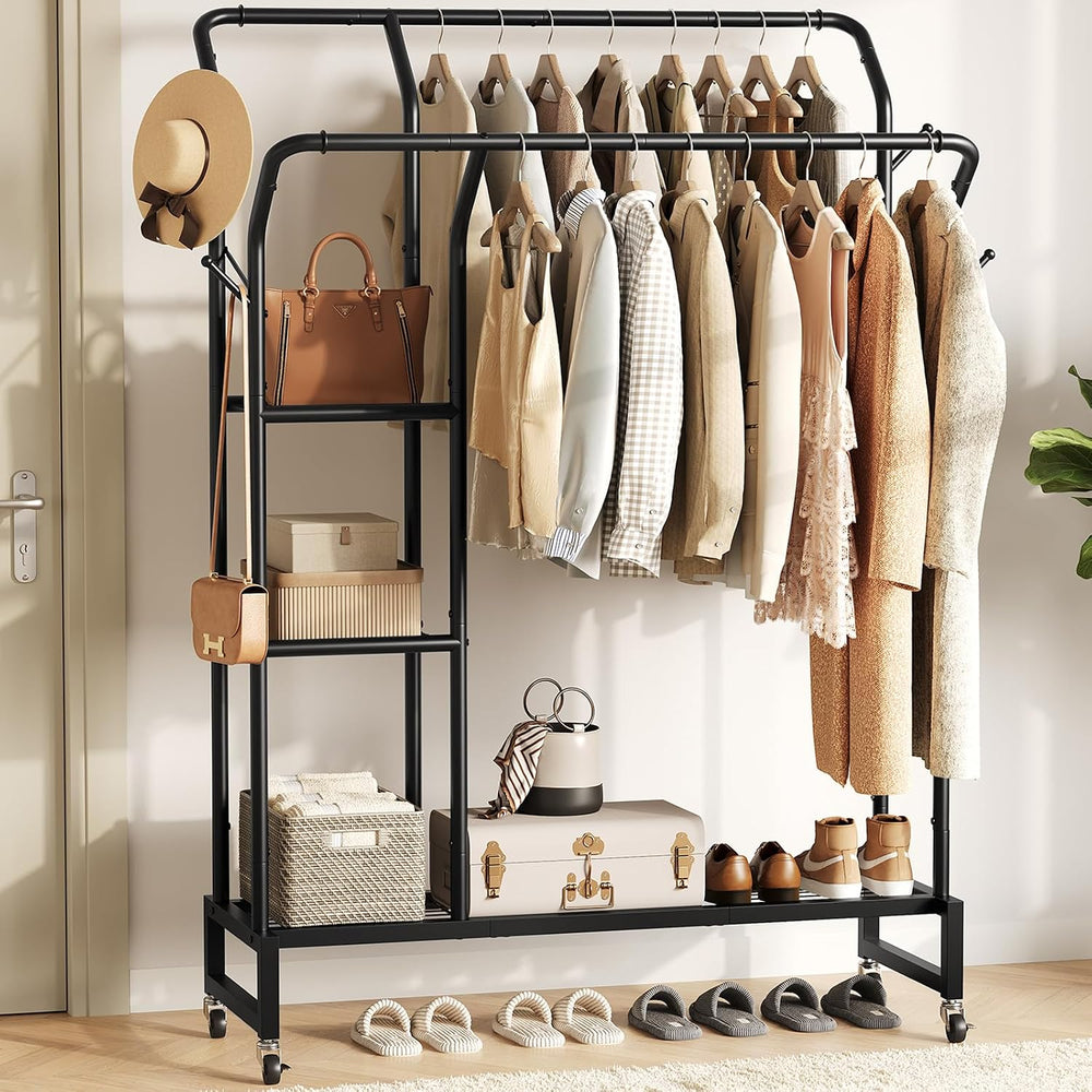 Yoobure Double Rods Clothes Rack - Portable Clothing Rack with Wheels, Rollin...