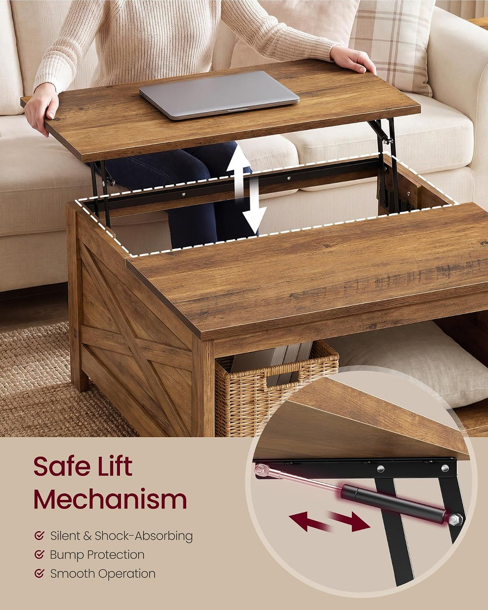 VASAGLE Lift Top Coffee Table, Square Farmhouse Coffee Table with Storage