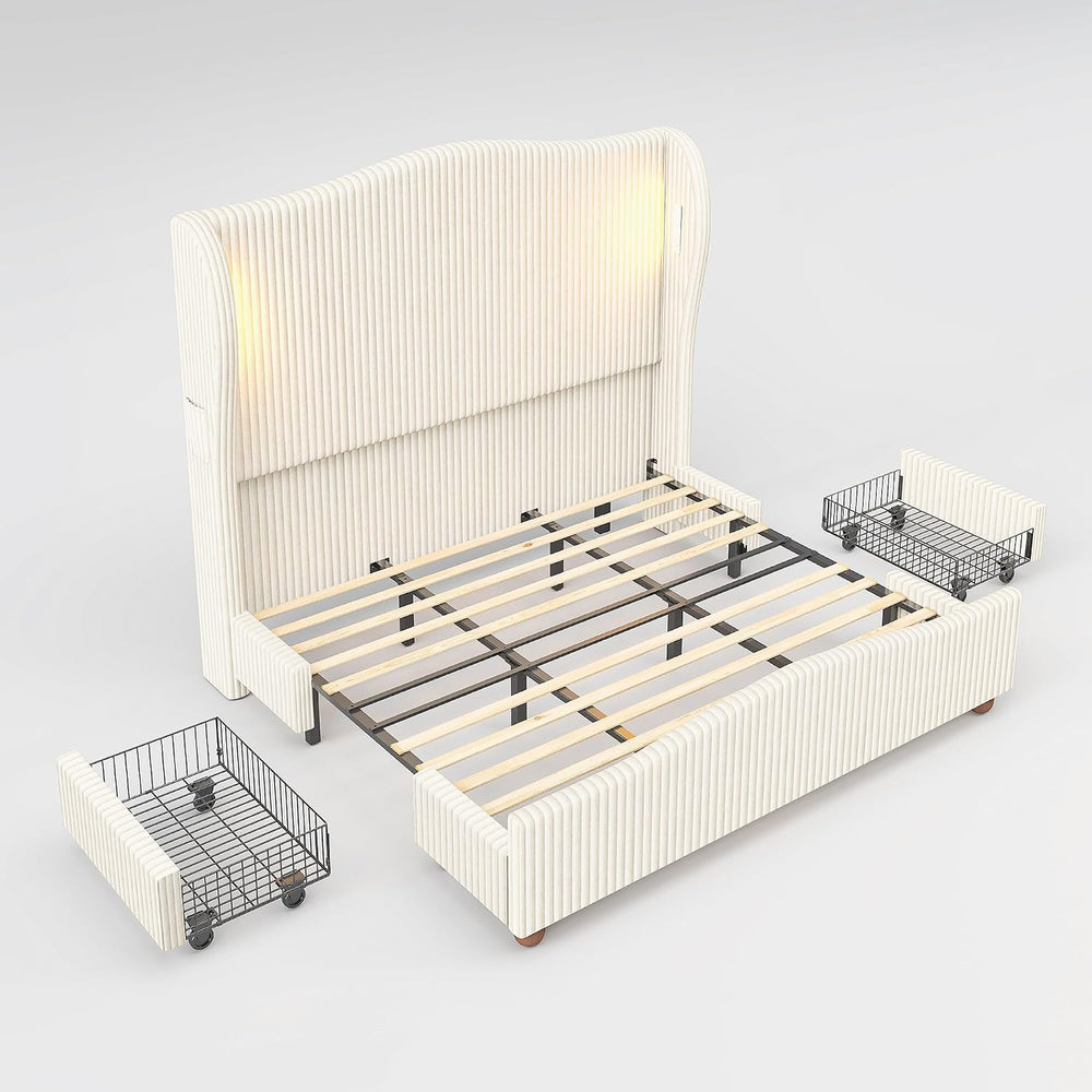 King Size 65" Tall Upholstered Bed with Drawers, USB & LED, Beige
