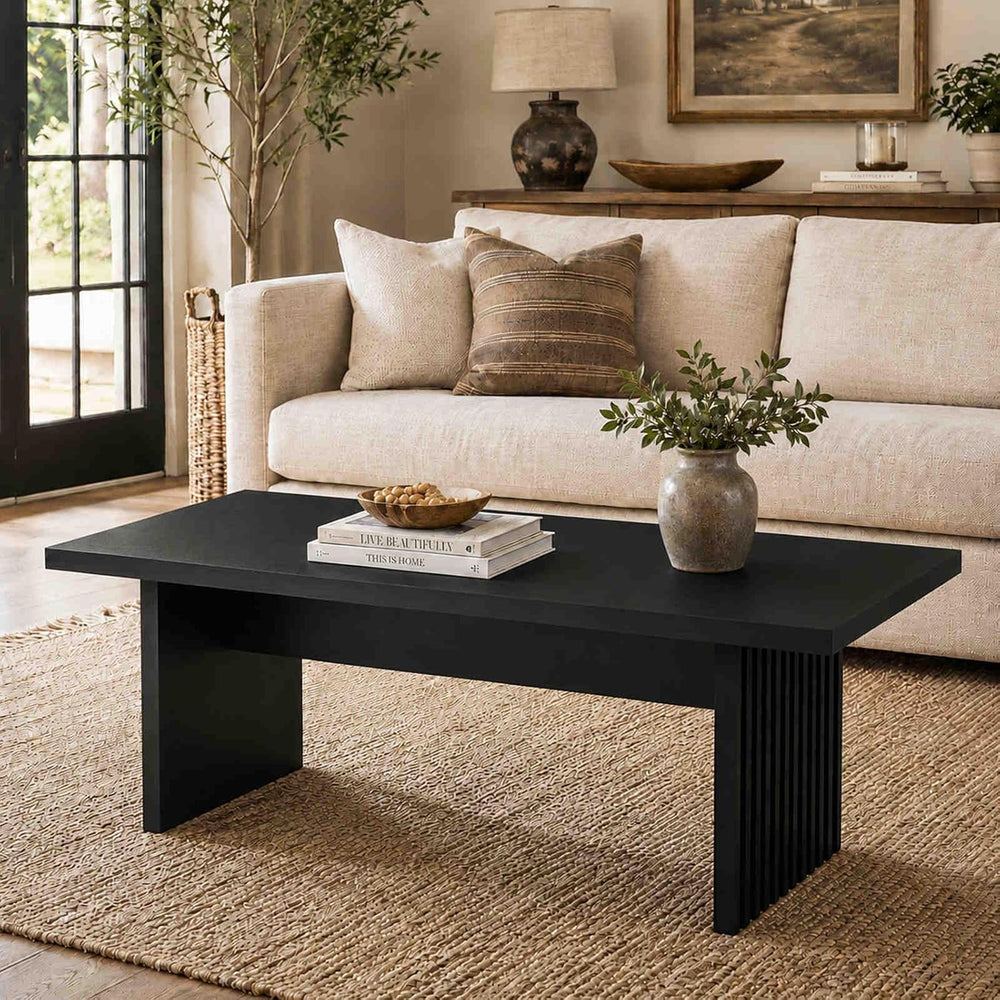 BON AUGURE Black Coffee Table, 43 Inch Fluted Living Room Tables, Modern