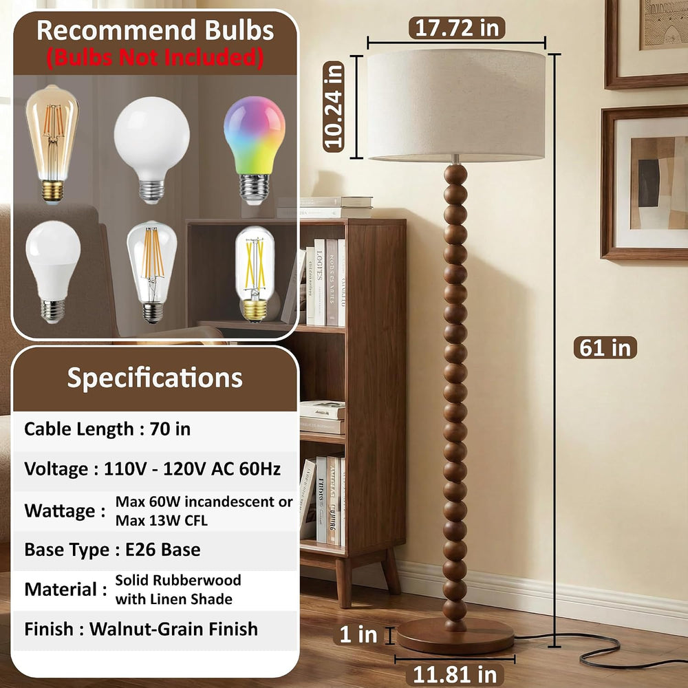 Buruis 60.6 Inch Beaded Walnut Wood Floor Lamp with Linen Shade, Cream