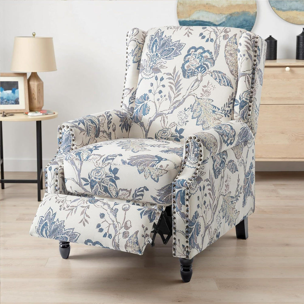 Floral Pushback Recliner Chairs Set of 2, Fabric Armchair, Blue Plant