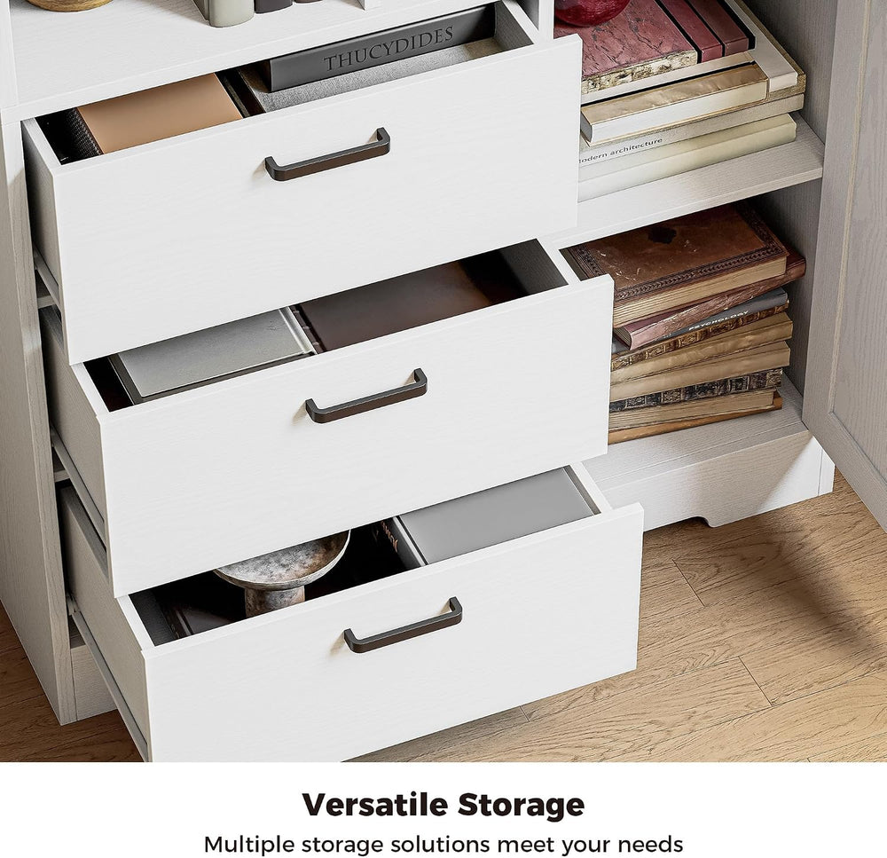 IRONCK 70.9-Inch Bookcase with Doors and 3 Drawers, White