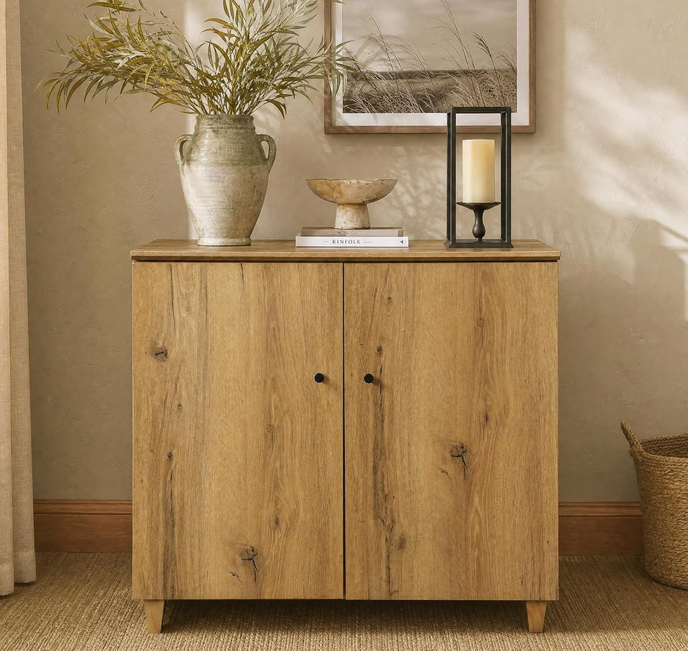 WAMPAT 35.4" Buffet Cabinet w/ 2 Doors, Credenza Storage Cabinet, Oak Brown