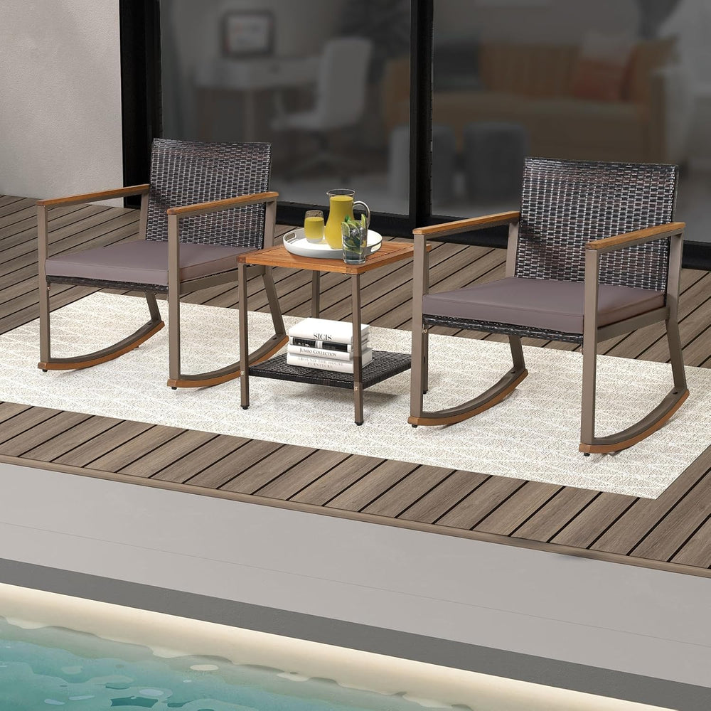 COSTWAY 3 Pieces Patio Rocking Bistro Set, Outdoor Wicker Acacia Wood Sets