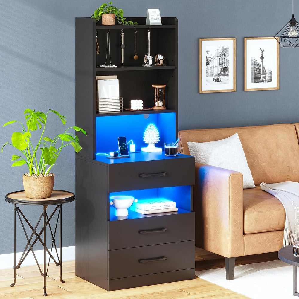 AOGLLATI Tall Night Stand Set of 2 with Charging Station and LED Lights, Blac...