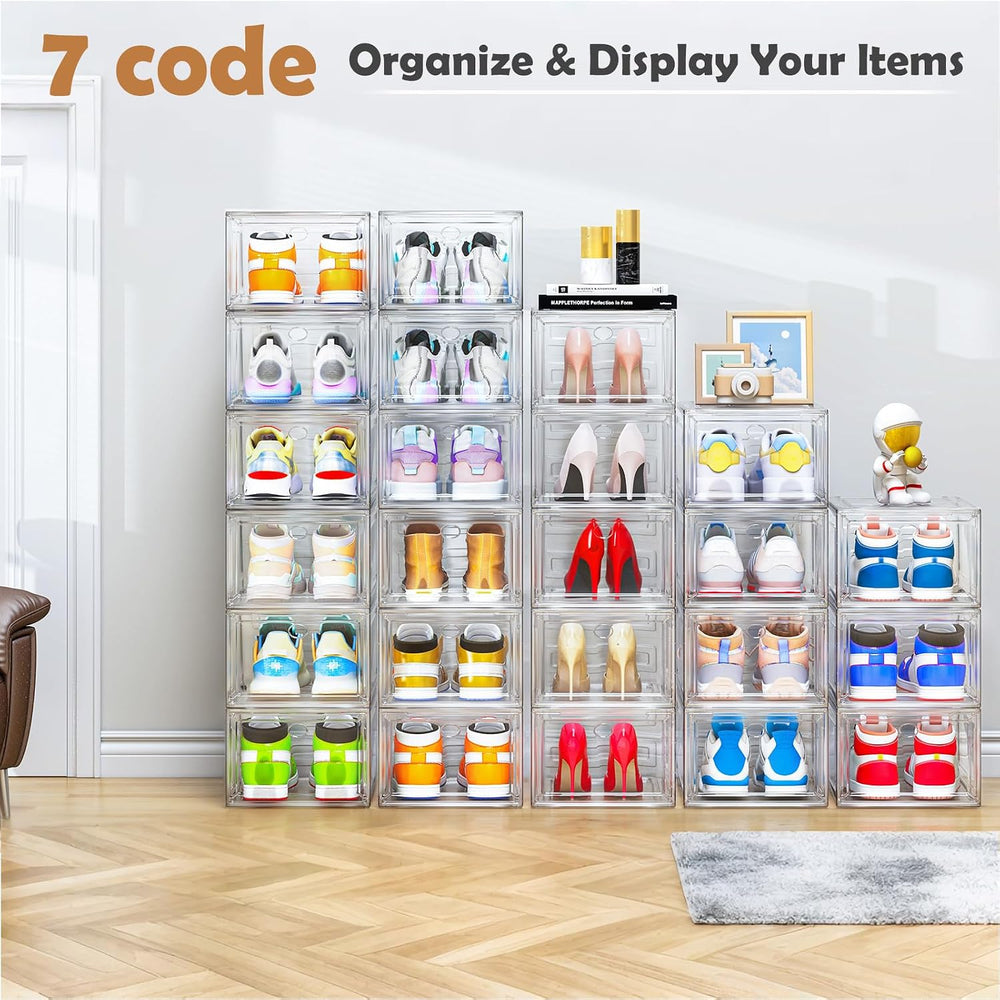 12 Pack Shoe Organizer, Stackable Shoe Storage Boxes with Magnetic Door