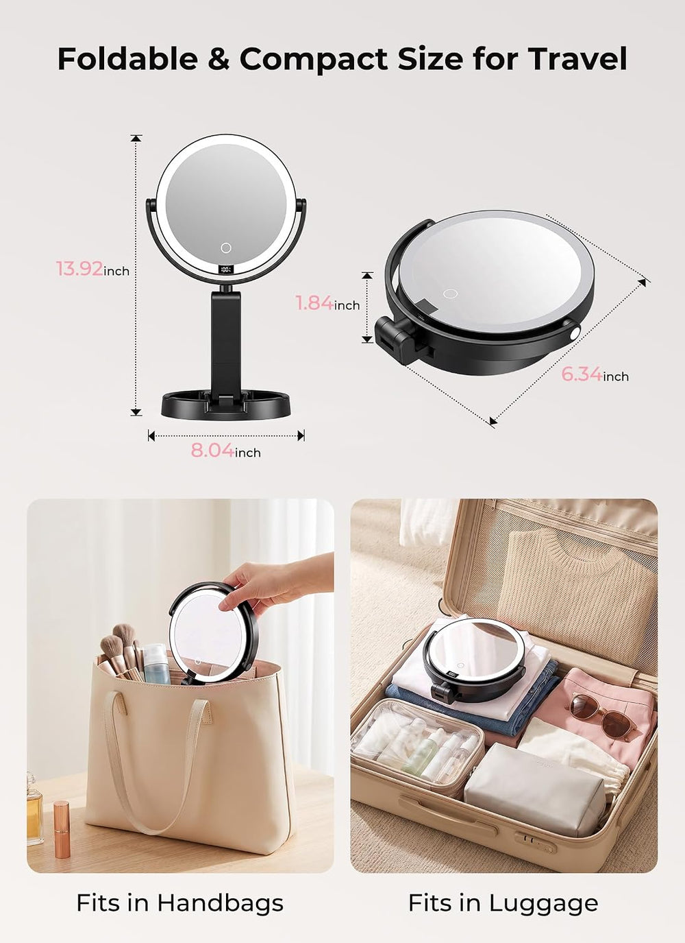 Lighted Travel Makeup Mirror,1X/10X Magnification,3 Light Modes,Black