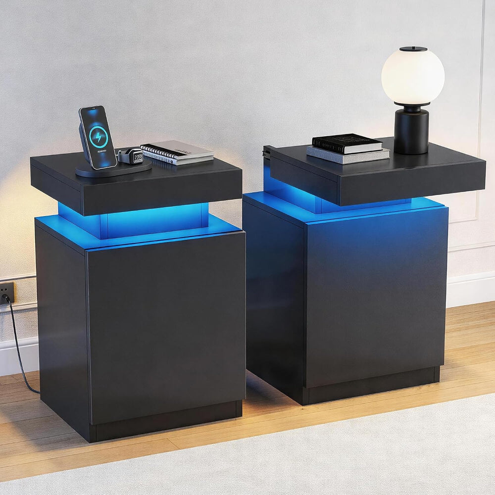 Nightstands Set of 2, 17.7 Inches LED Night Stand Set 2 with Power Outlets, B...