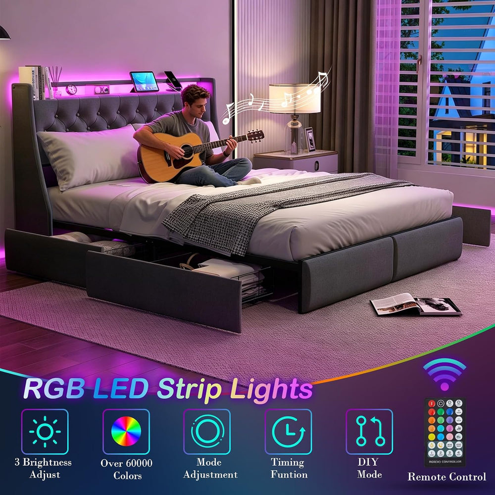 Upholstered Queen Size Bed Frame with 4 Storage Drawers and LED Lights