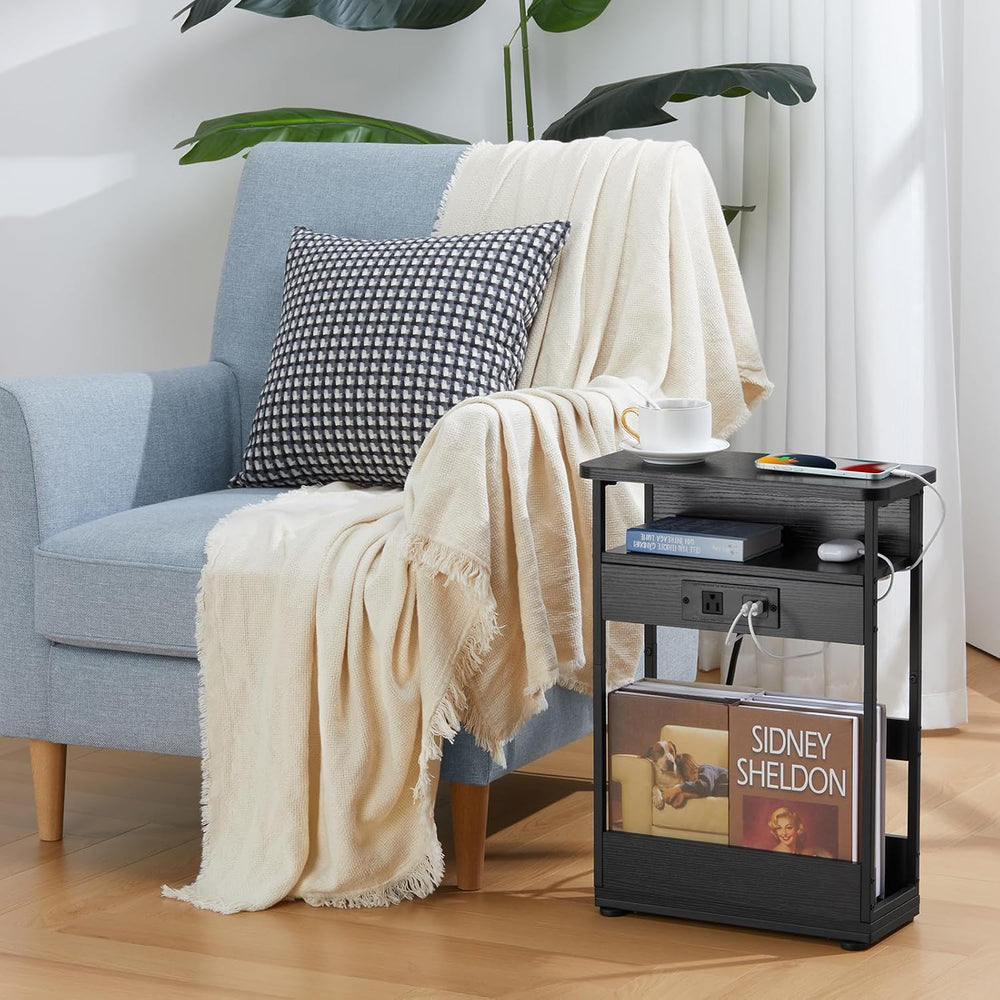 Narrow Side Table with Charging Station Small Spaces Narrow End Table