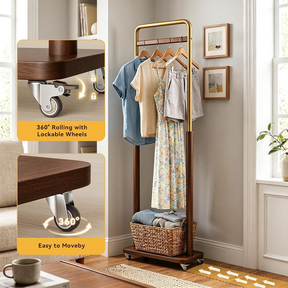 Taitiy Solid Wood Clothes Rack on Wheels for Bedroom, Living Room