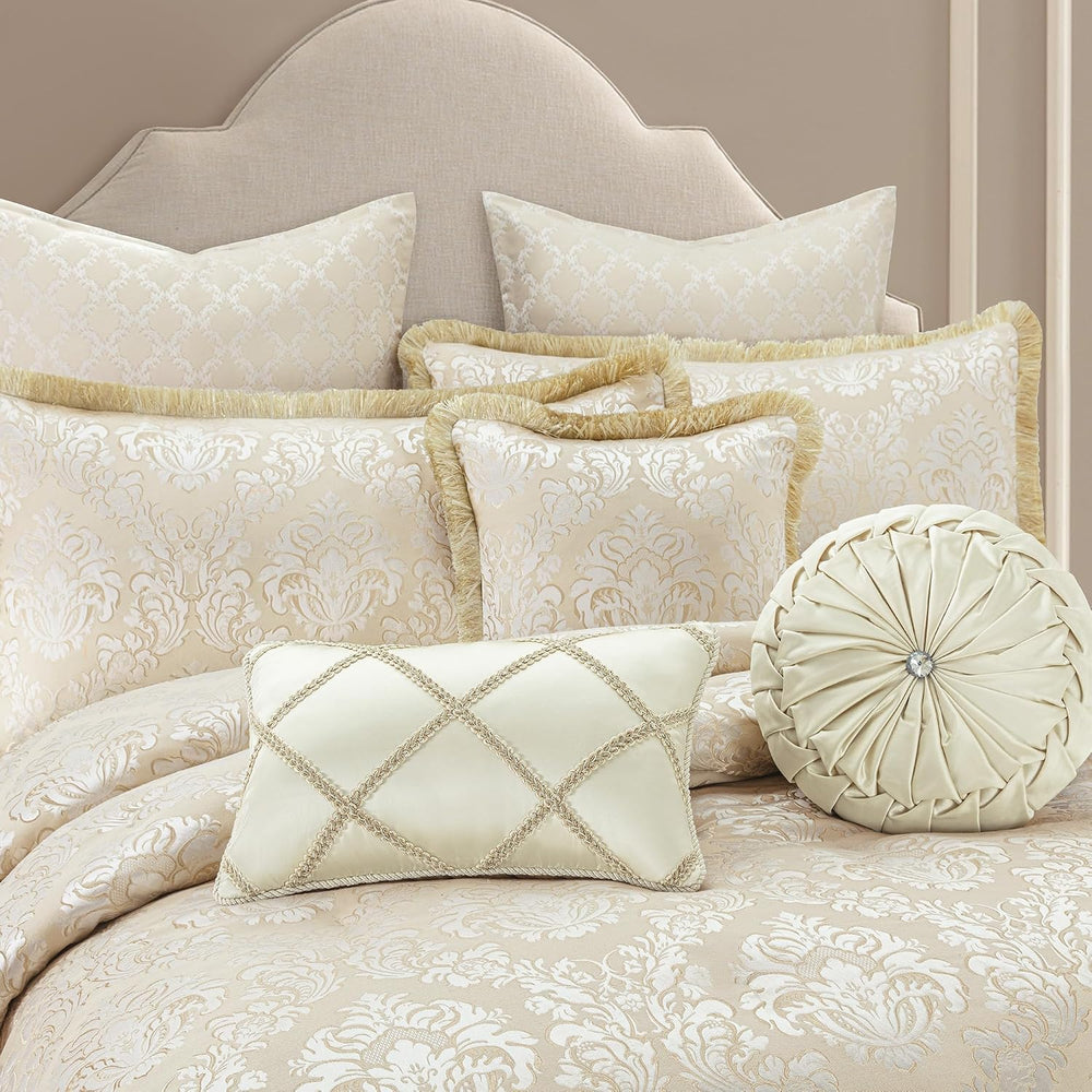 Loom and Mill 9-Piece Elegant Damask Comforter Set, Beige White, King