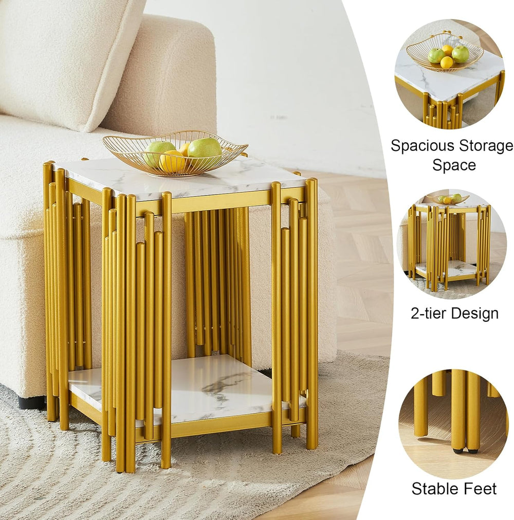 3 Pieces Living Room Table Set, White Faux Marble Coffee Table Set of 3, Mode...